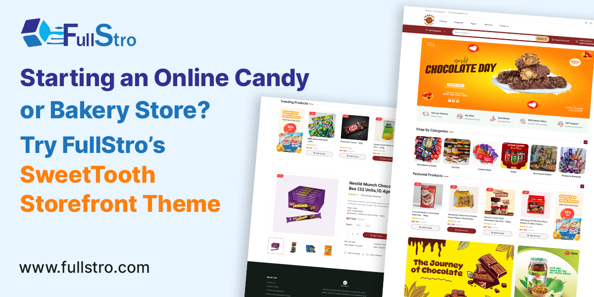 SweetTooth storefront theme dashboard showing an online candy and bakery eCommerce store design built with FullStro