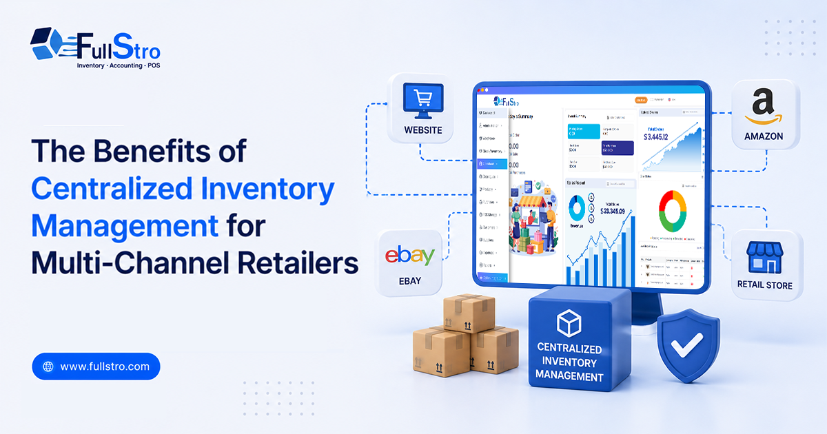 Centralized inventory management dashboard showing real-time stock synchronization across Shopify, Amazon, WooCommerce, eCommerce stores, warehouses, and multiple sales channels.