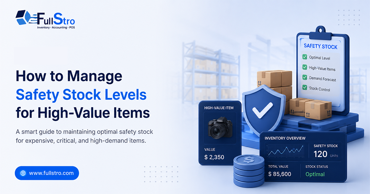 Business owner using inventory management software to optimize safety stock levels for high-value inventory with real-time analytics and demand forecasting.